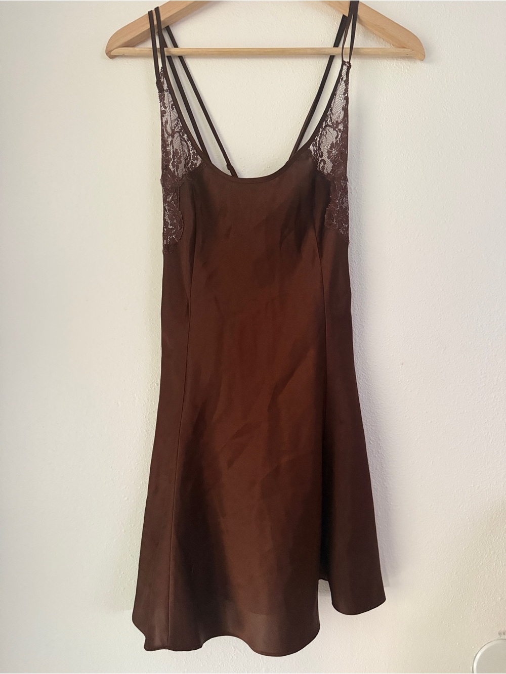Victoria's Secret Satin Chemise Nightgown Slip Dress Brown  Lace Trim Small Y2K